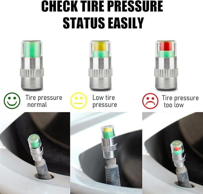 4 PCS Tire Pressure Monitor Valve Stem Caps, 2.4Bar 36PSI Car Tire Pressure Monitor Sensor Indicator with 3-Color Eye Alert, Universal Valve Stem Caps for Cars (Silver)