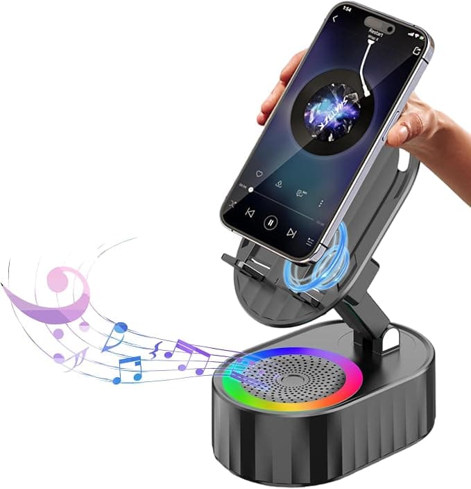 Wireless Induction Audio Bluetooth Speaker 5in1 Phone Holder Emergency Rechargeable (3000mAh) with Colorful Ambient Light 300° Foldable for Tablet iPhone Android, Gifts for Men Women